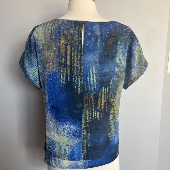 Lafayette‎ 148 Astract print Silk short sleeve Cocktail Blue Top Blouse T-shirt - Picture 3 of 11